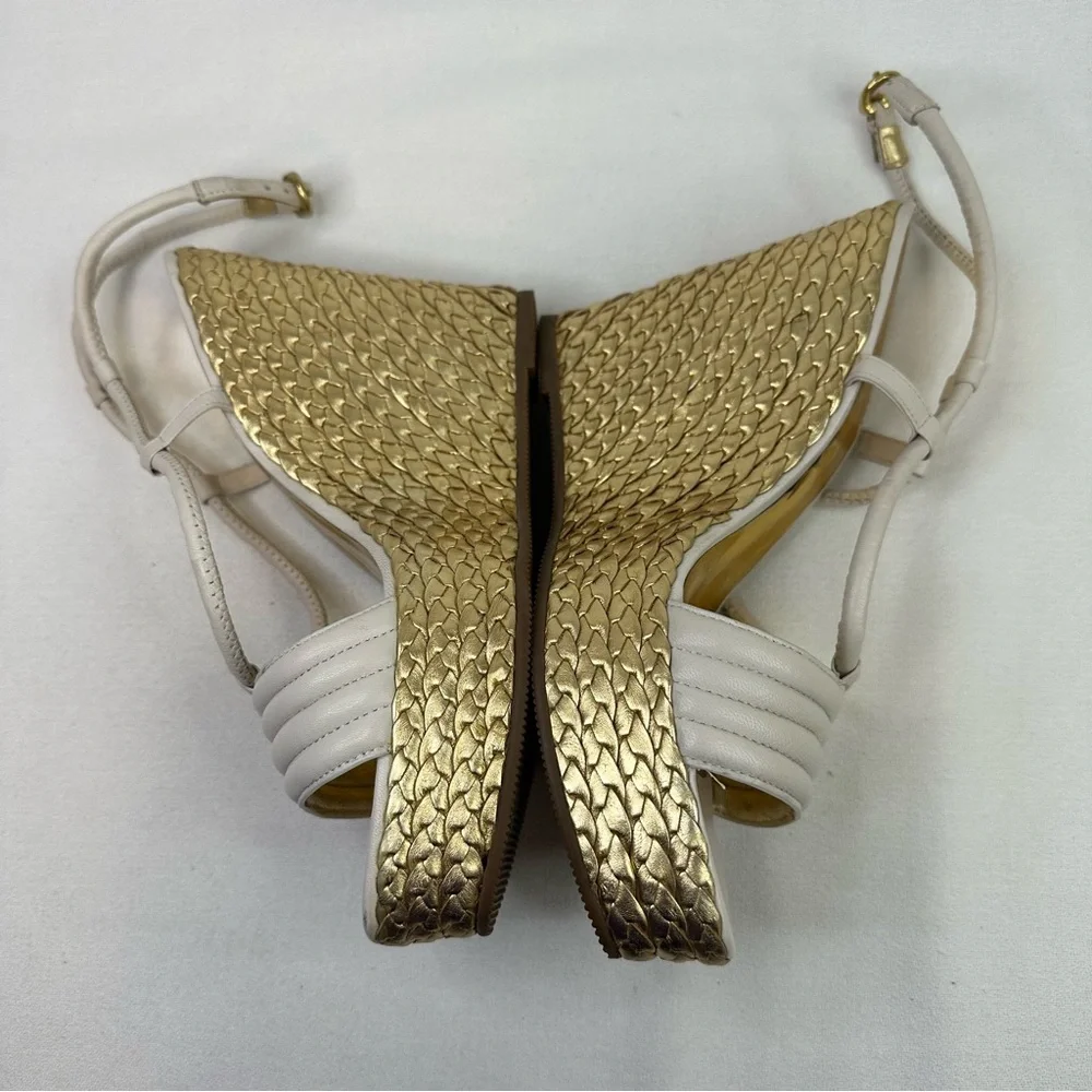 Coach Gold Woven Platform Wedge Sandals Size 8 Cream Leather Strappy